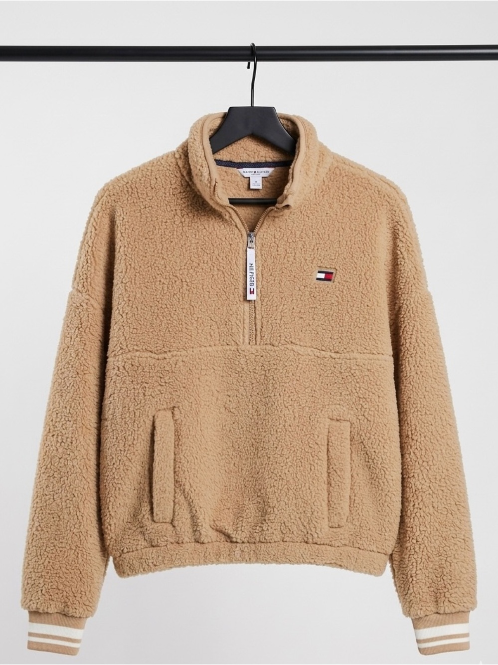 🐻 Tommy Hilfiger Women’s Faux Sherpa Half-Zip Teddy Sweatshirt in Caramel - fall